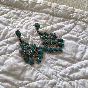 Chandelier earrings in teal color, almost 3 in length, flat back be…